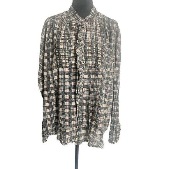Free People Size Small  Plaid Miles Tuxedo Long Sleeve Blouse Top Ruffle - Picture 2 of 10